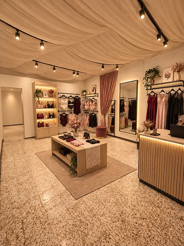 Salle principale du showroom Luxyrita avec portants de lingerie, robes longues et table de présentation en bois clair