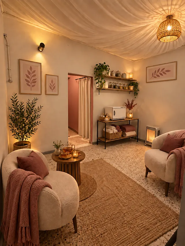 Espace détente hivernal Luxyrita avec fauteuils crème, plaid rose, tapis en jute et théière