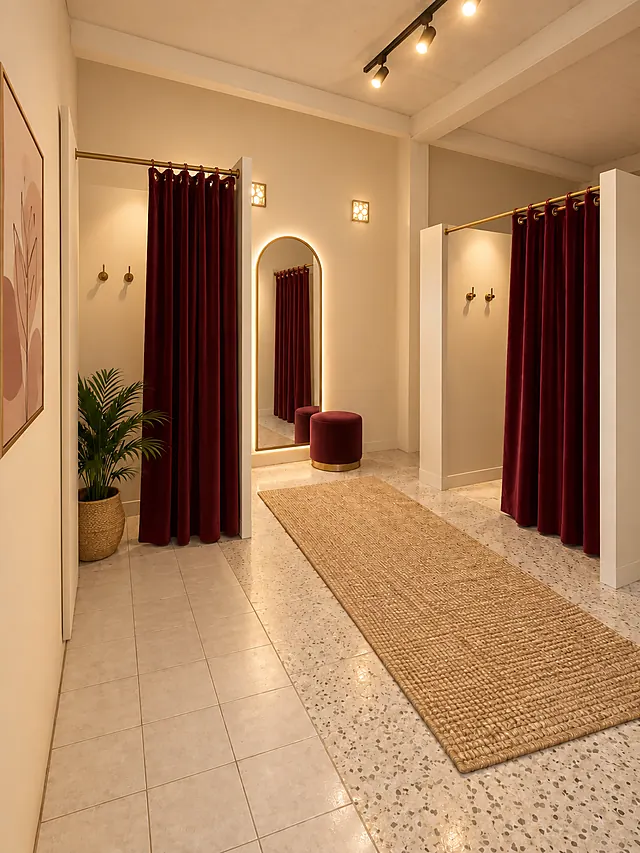 Cabines d'essayage privées Luxyrita avec rideaux en velours bordeaux et miroir en arche