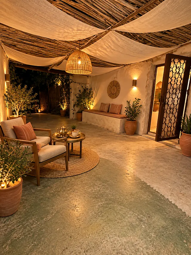 Cour couverte du showroom, plafond drapé, oliviers et porte en moucharabieh