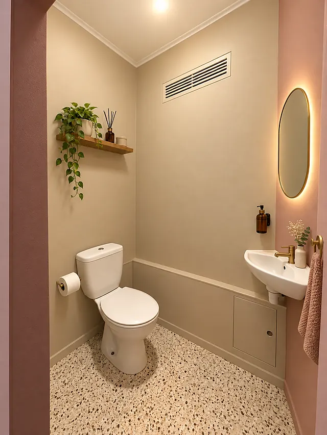 Espace sanitaire, mur rose poudré, miroir rétroéclairé et robinetterie laiton