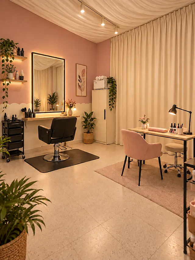 Salon de beauté Luxyrita : fauteuil de coiffure, miroir éclairé et table de manucure rose