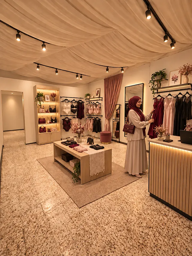 Vue d'ensemble de la salle principale du showroom Luxyrita avec une cliente